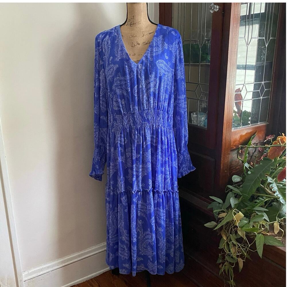 Taylor Periwinkle Blue Paisley Tiered Maxi Dress Swiss Dot Boho 18W - Picture 4 of 17